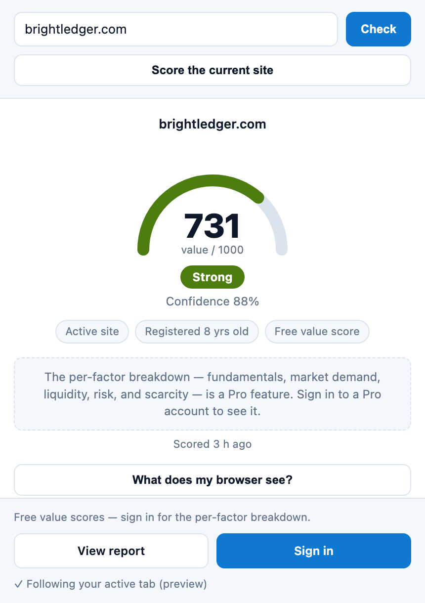The DomainValueScore side panel showing a domain’s quality score and its factor breakdown.